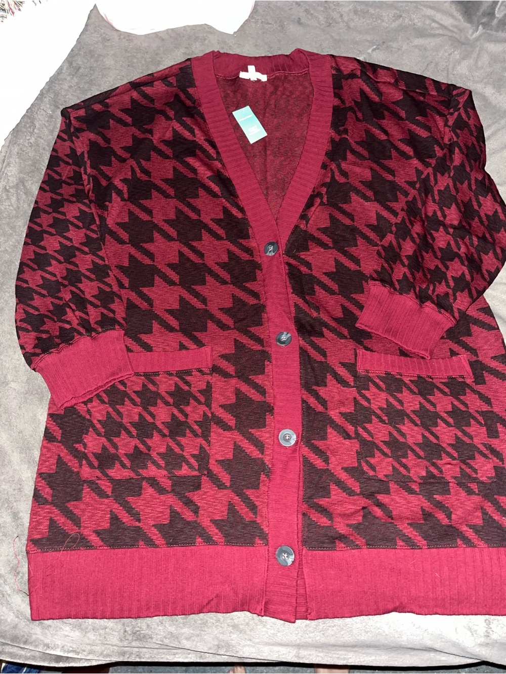 Maurices Burgundy and Black Houndstooth Button Cardigan